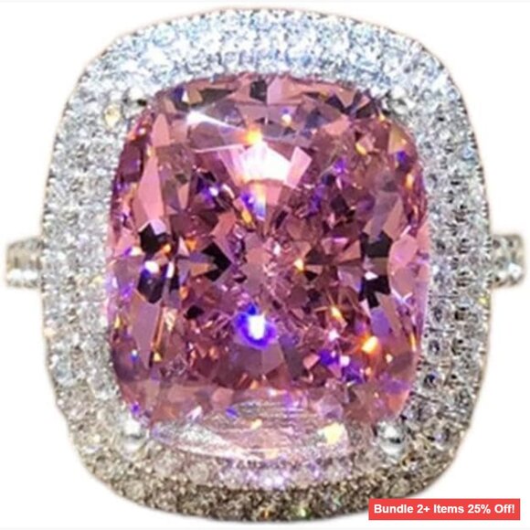 Jewelry - 18K Gold Plated Princess Cut Pink Crystal Silver Ring Size 6-10